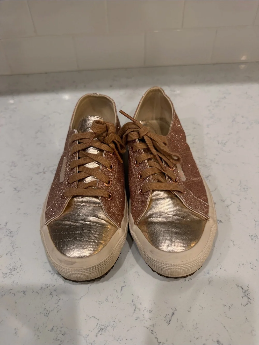 Superga Rose Gold Glitter and Metallic Lace-Up Glam Sneakers Size 38